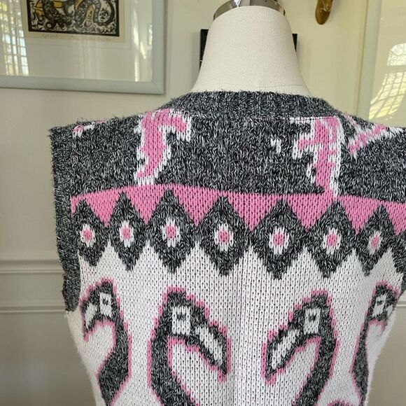 Vintage 80s Jolie Flamingo Pink Grey White Sweater Vest M - Picture 7 of 8